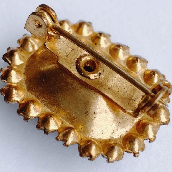 VTG 50s Reverse Painted Glass Rose Brooch Rhinestones Gold Tone Pin Mid Century - Picture 6 of 10